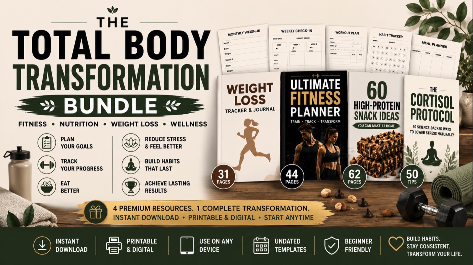 All four products in the Total Body Transformation Bundle, laid out together