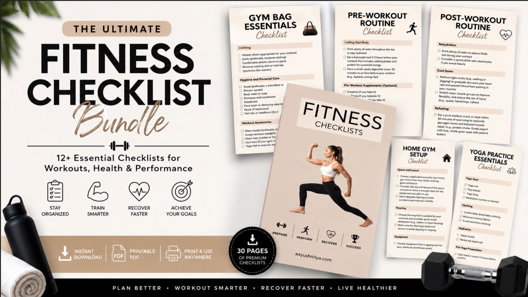 Spread showing gym bag, pre-workout, post-workout, home gym, and yoga checklists from the bundle