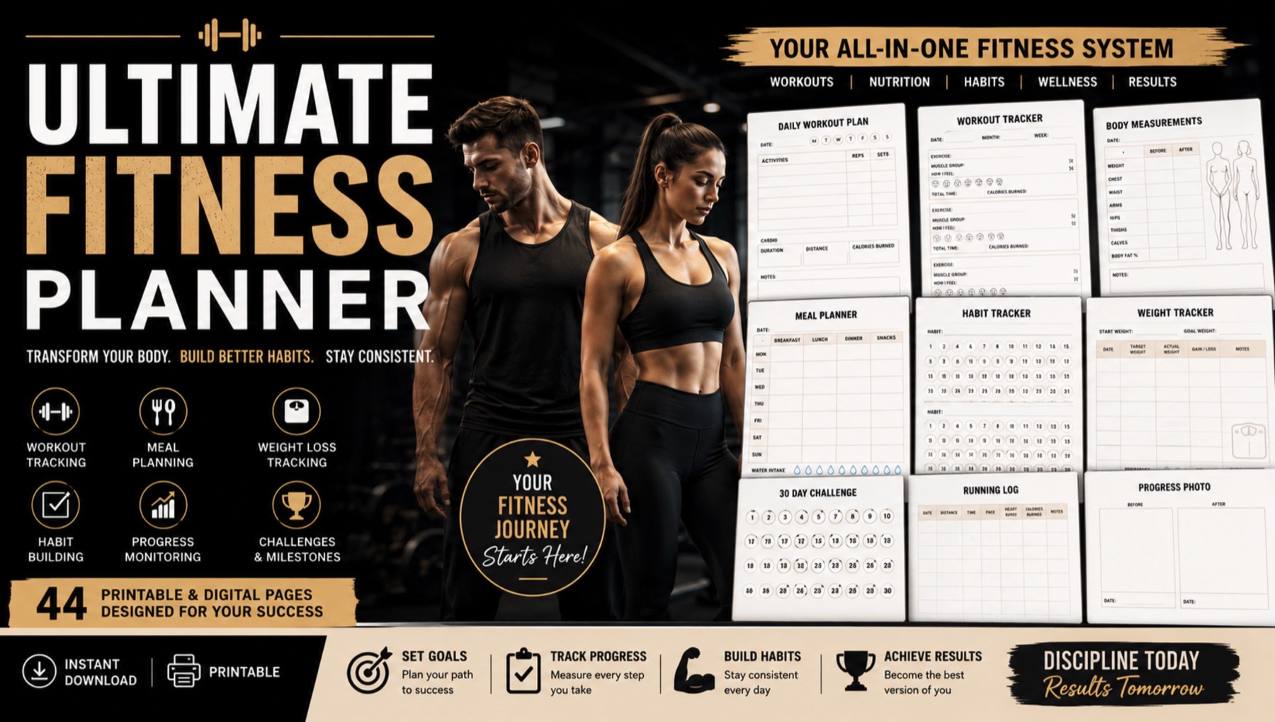 Spread showing workout, meal, habit, weight, running, and body-measurement trackers from the planner