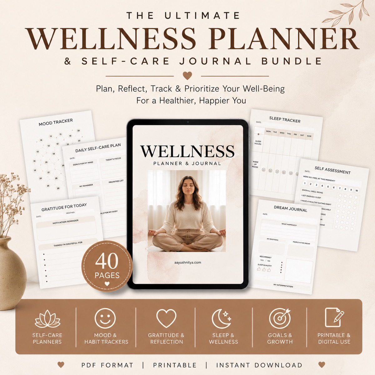 The Ultimate Wellness Planner & Self-Care Journal Bundle — 40-page printable PDF cover