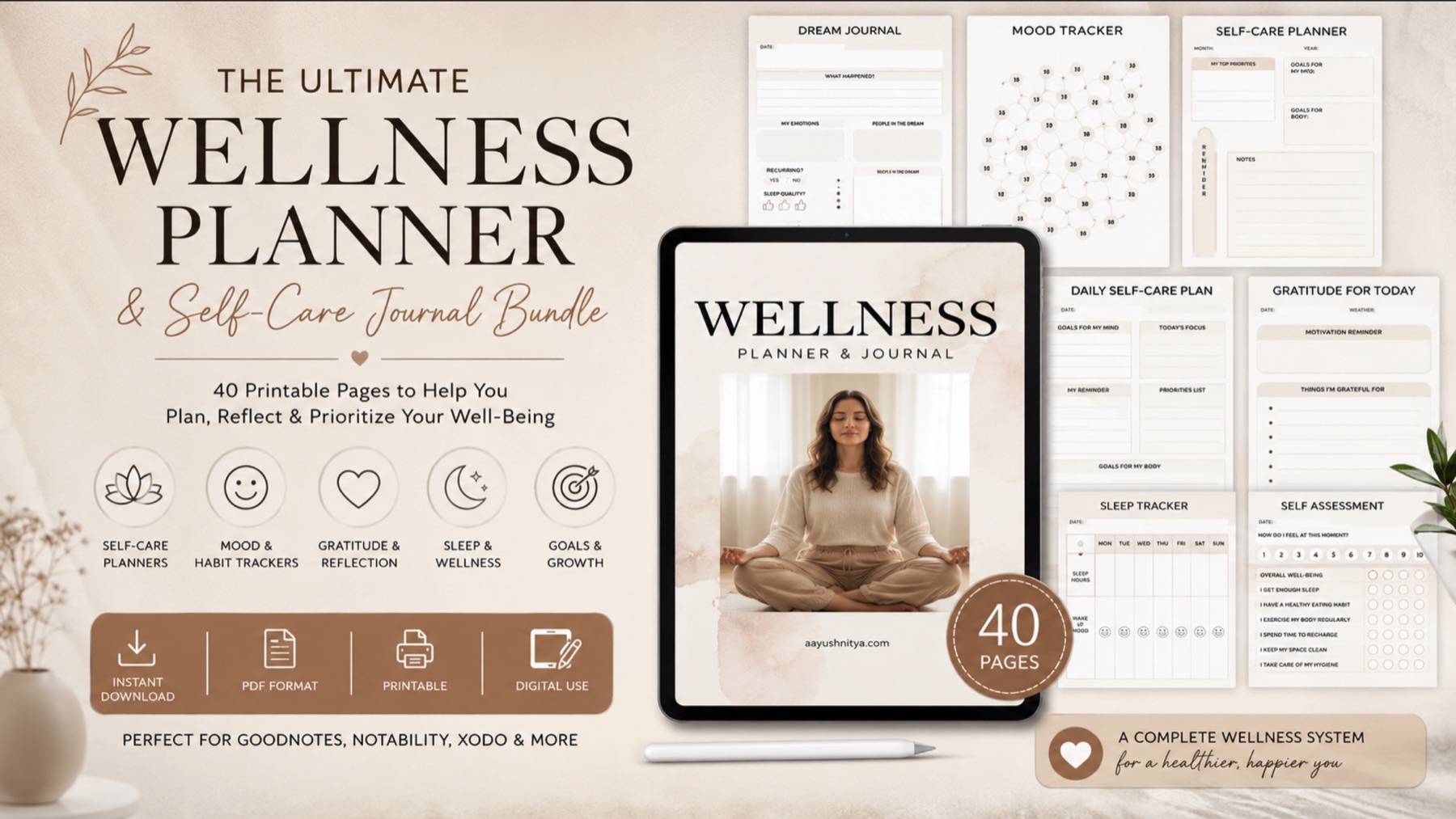 Spread showing dream journal, mood tracker, self-care planner, gratitude, sleep tracker, and self-assessment pages from the wellness planner