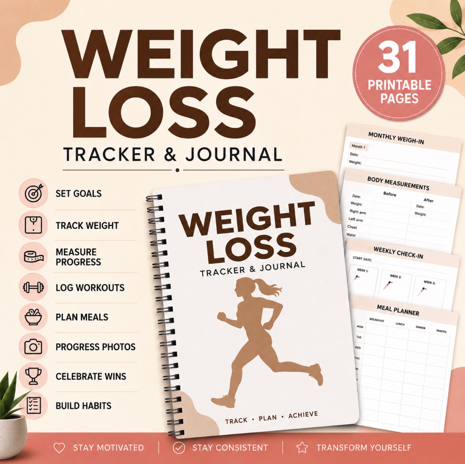 Weight Loss Tracker & Journal — 31-page printable and digital PDF cover