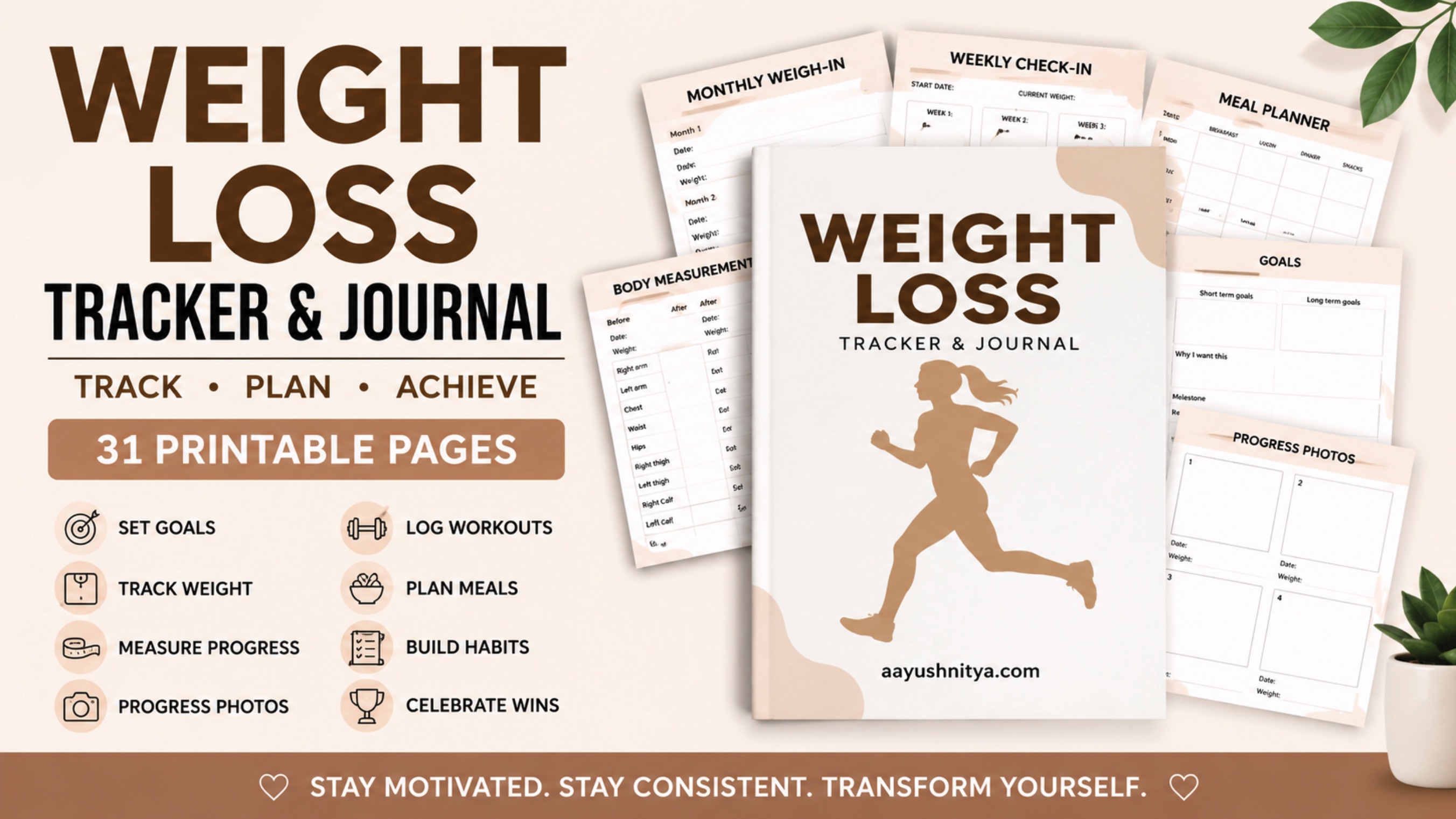 Spread showing monthly weigh-in, body measurements, weekly check-in, meal planner, goals and progress-photo pages from the weight loss journal